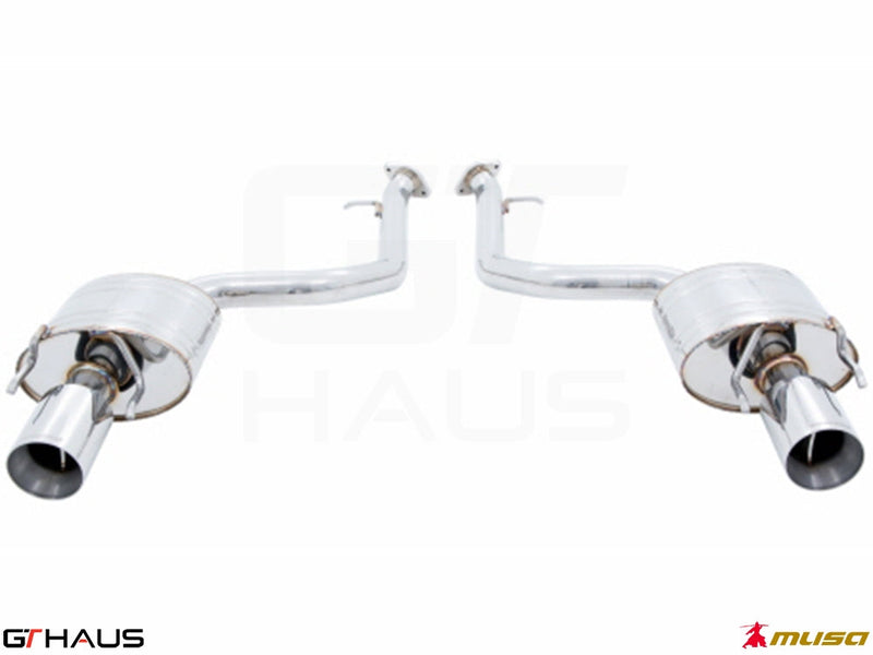 Premium exhaust system for Lexus IS 250/350/350 F-Sport AWD, featuring polished stainless steel construction and dual tips.