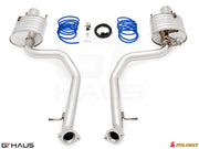 Premium performance exhaust system for 2021+ Lexus IS350 F-Sport AWD, featuring stainless steel construction and accessories.