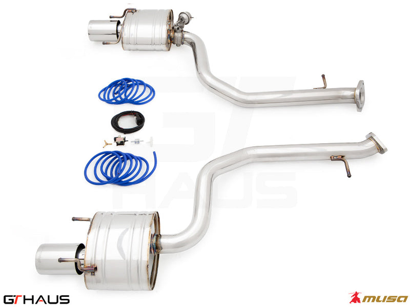 Premium performance exhaust system for 2021+ Lexus IS350 F-Sport RWD, featuring stainless steel construction and accessories.