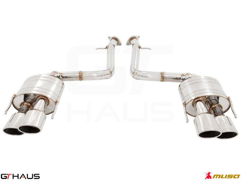 Premium exhaust system for Lexus IS500 V8 (2021+), featuring polished stainless steel construction and dual tips.