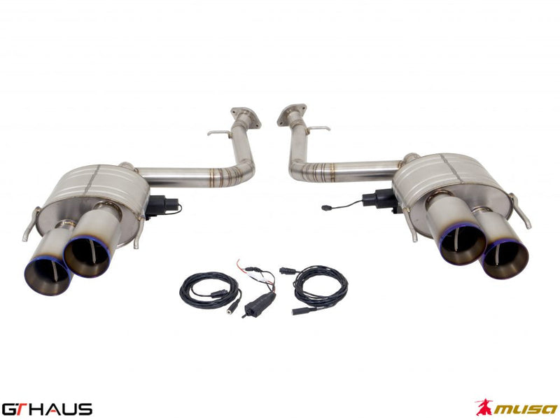 Premium performance exhaust system for Lexus IS500 V8, featuring dual tips and electronic valve control for enhanced sound.