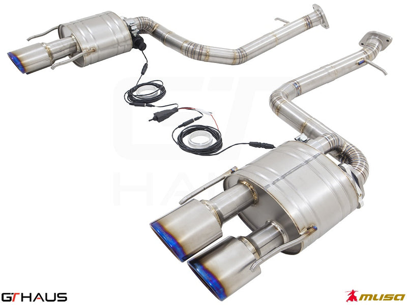 Premium performance exhaust system for Lexus IS500 V8 (2021+) featuring stainless steel construction and electronic valve control.