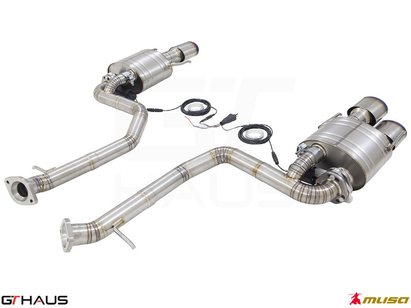 Premium performance exhaust system for Lexus IS500 V8 (2021+) featuring stainless steel construction and electronic valve control.