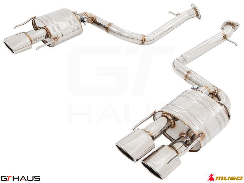 Premium performance exhaust system for Lexus RC-F (V8) 2014+, featuring T304 stainless steel construction and quad tips.