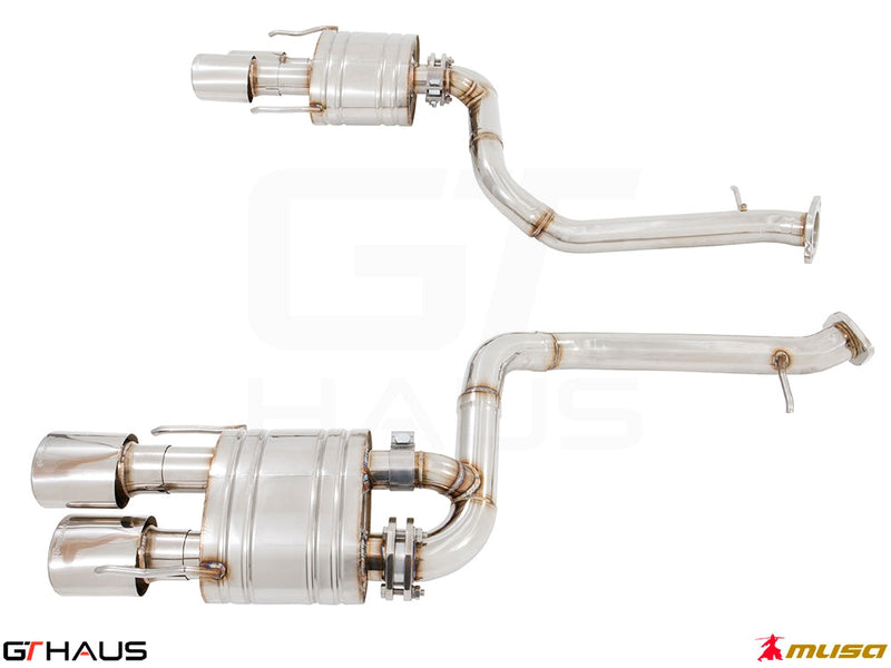 Premium performance exhaust system for Lexus RC-F V8 (2014+) featuring stainless steel construction and dual tips.