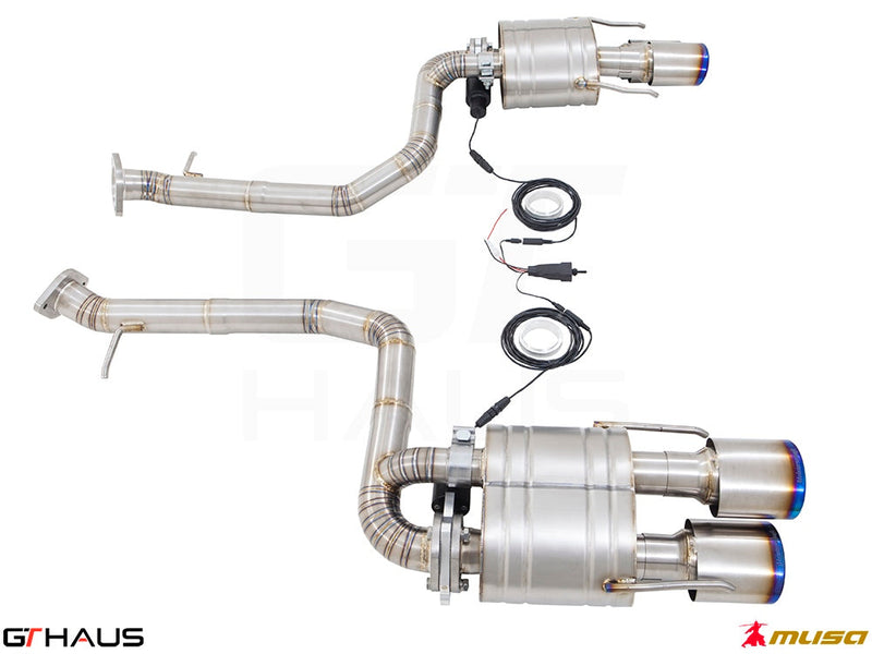 Premium performance exhaust system for Lexus RC-F V8 (2014+) featuring stainless steel construction and electronic valve control.