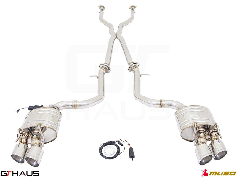 Premium performance exhaust system for Lexus RC 350/350 F-Sport AWD, featuring dual tips and electronic valve control.