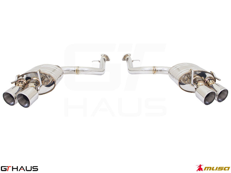 Premium performance exhaust system for Lexus RC 350/350 F-Sport (RWD) featuring dual polished tips and stainless steel construction.
