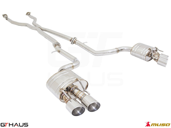 Premium performance exhaust system for Lexus RC 350/350 F-Sport (RWD) 2014+, featuring dual polished tips and stainless steel construction.