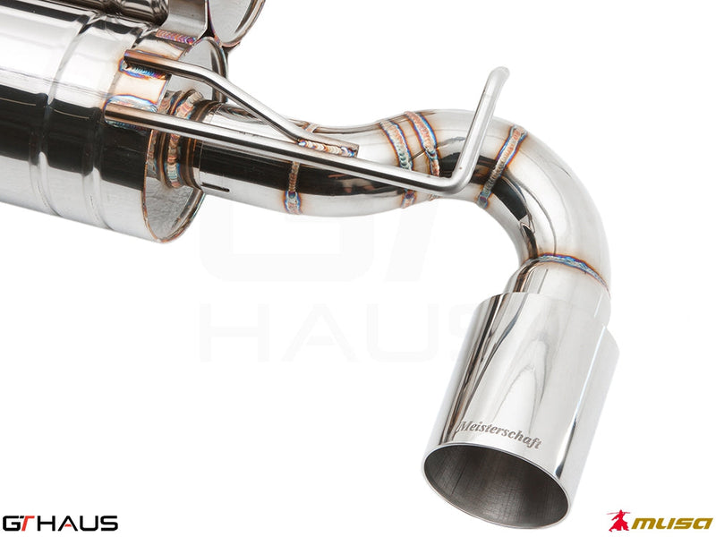 Premium Meisterschaft exhaust system for Nissan 370Z Nismo Edition, featuring polished stainless steel construction and precision design.