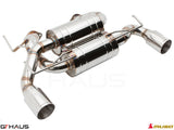 Premium performance exhaust system for Nissan 370Z Coupe/Cabrio, featuring polished stainless steel construction and dual tips.