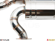 High-performance exhaust system for Nissan 370Z featuring polished stainless steel construction and precise welds.