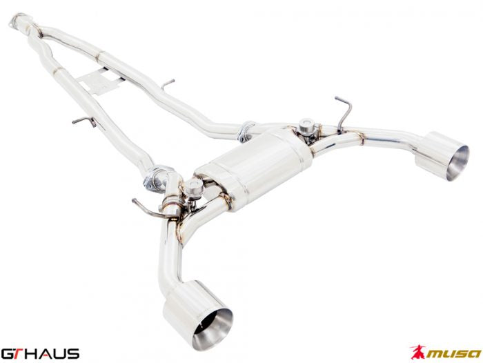 Premium performance exhaust system for Nissan RZ34 Z Coupe/Cabrio 3.7L V6 VVEL Nismo Edition, featuring polished stainless steel.