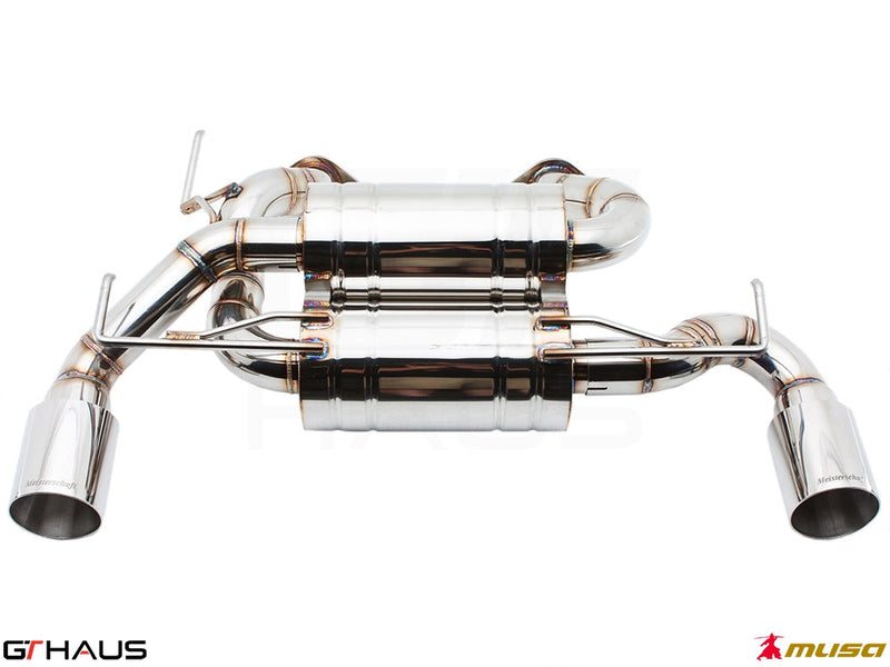 Premium performance exhaust system for Nissan RZ34 Z Coupe/Cabrio 3.7L V6 VVEL Nismo Edition, featuring polished stainless steel.