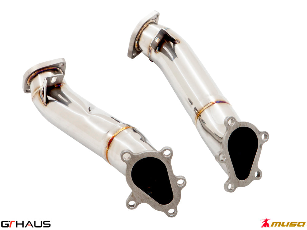 Nissan R34 Skyline GT-R down pipes with OBD2 and 400 CEL sport cats, featuring polished stainless steel construction.