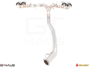 Premium performance exhaust system for Nissan R35 Skyline GT-R, featuring stainless steel construction and enhanced airflow.