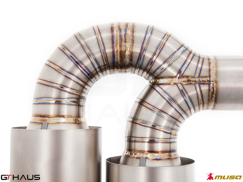 Premium stainless steel exhaust pipe with intricate welds designed for the Nissan R35 Skyline GT-R V6 Turbo Coupe.
