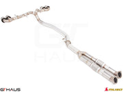 Premium performance exhaust system for Nissan R35 Skyline GT-R, featuring stainless steel construction and dual tips.