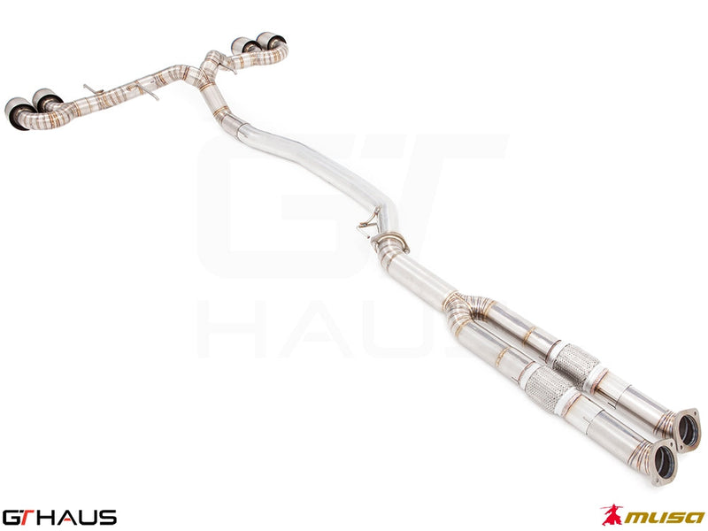 Premium performance exhaust system for Nissan R35 Skyline GT-R, featuring stainless steel construction and dual tips.
