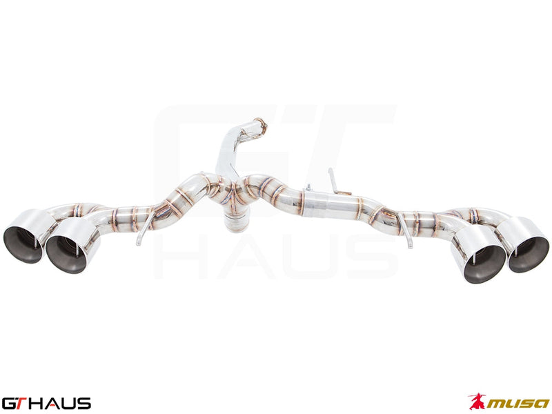 Premium exhaust system for Nissan R35 Skyline GT-R, featuring stainless steel construction and quad tips for enhanced performance.