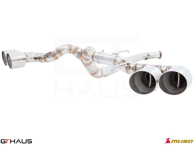 Premium exhaust system for Nissan R35 Skyline GT-R, featuring dual tips and high-performance stainless steel construction.