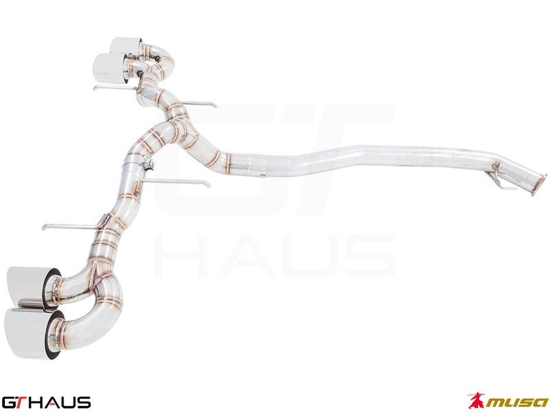 Premium performance exhaust system for Nissan R35 Skyline GT-R, featuring stainless steel construction and dual tips.