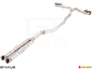 Premium performance exhaust system for Nissan R35 Skyline GT-R, featuring stainless steel construction and dual tips.