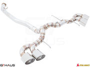 High-performance exhaust system for Nissan R35 Skyline GT-R, featuring stainless steel construction and dual tips.