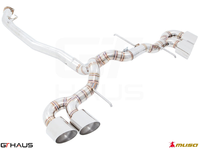 High-performance exhaust system for Nissan R35 Skyline GT-R, featuring stainless steel construction and dual tips.