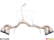 Premium performance exhaust system for Nissan R35 Skyline GT-R V6 Turbo Coupe, featuring stainless steel construction and quad tips.