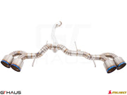 Premium exhaust system for Nissan R35 Skyline GT-R, featuring stainless steel construction and quad tips for enhanced performance.