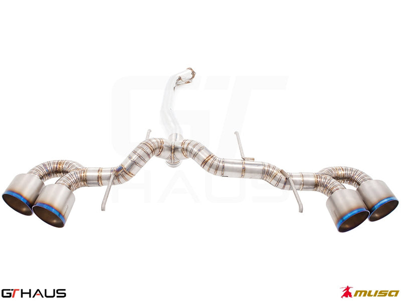Premium exhaust system for Nissan R35 Skyline GT-R, featuring stainless steel construction and quad tips for enhanced performance.