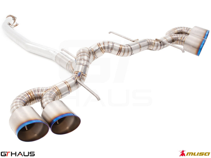 Premium exhaust system for Nissan R35 Skyline GT-R, featuring dual tips and high-performance stainless steel construction.