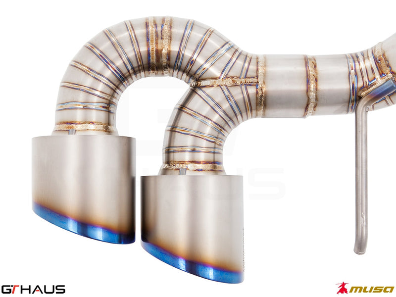 Premium performance exhaust system for Nissan R35 Skyline GT-R featuring polished dual tips and intricate weld design.
