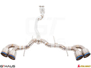 Premium performance exhaust system for Nissan R35 Skyline GT-R, featuring stainless steel construction and quad tips.