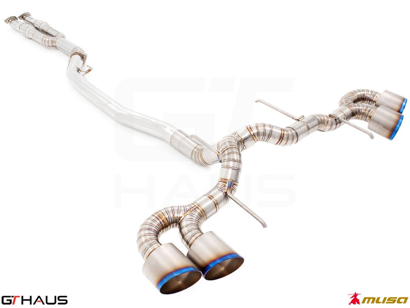 Premium performance exhaust system for Nissan R35 Skyline GT-R, featuring stainless steel construction and dual tips.