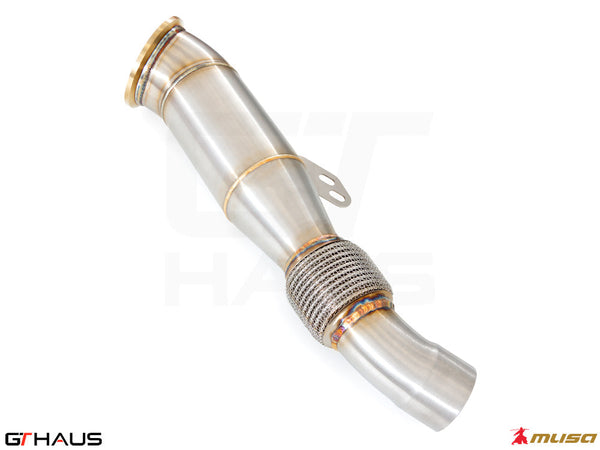 High-performance down pipe for 2020+ Toyota Supra A90 3.0L with 400 CEL sport cats and 90mm piping.