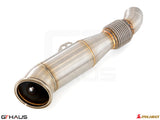 High-performance down pipe for 2020+ Toyota Supra A90 3.0L with 400 CEL sport cats and 90mm piping.