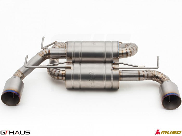 Premium performance exhaust system for Nissan 370Z Nismo Edition, featuring stainless steel construction and dual tips.