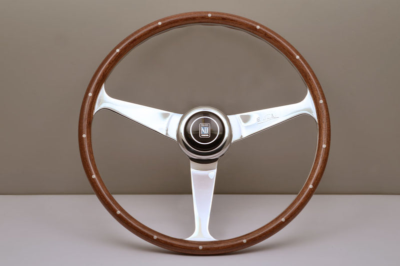 Nardi Classic Anni 50 Wood Steering Wheel 390mm with Mahogany w/ Rivets grip and Polished spokes — authentic Italian manufacture