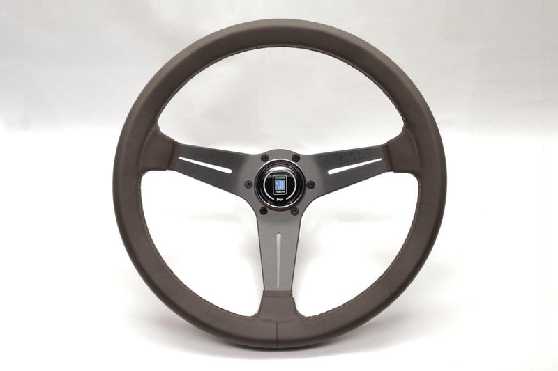 Nardi Deep Corn Revolution Steering Wheel 350mm with Brown Leather grip and Silver spokes — authentic Italian manufacture