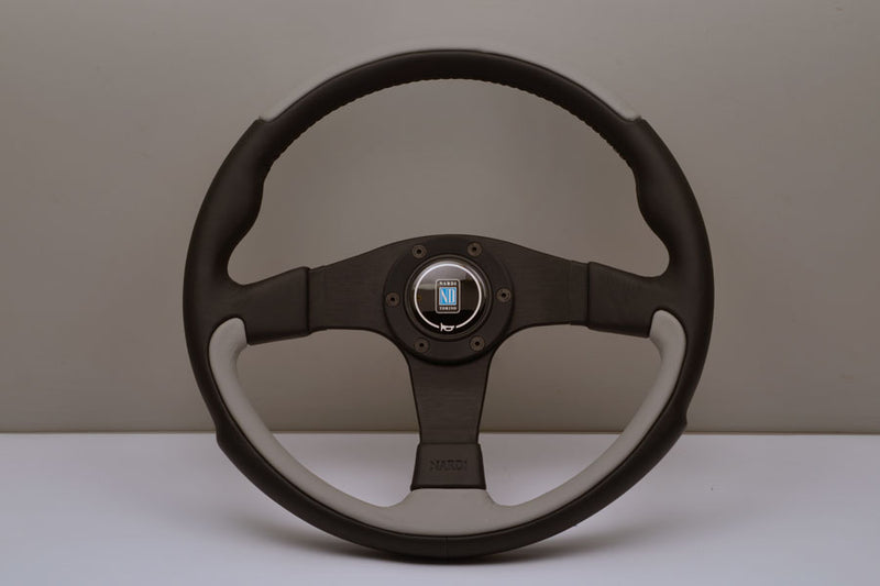 Nardi Leader Steering Wheel 350mm with Black & Gray Leather grip and Black spokes — authentic Italian manufacture