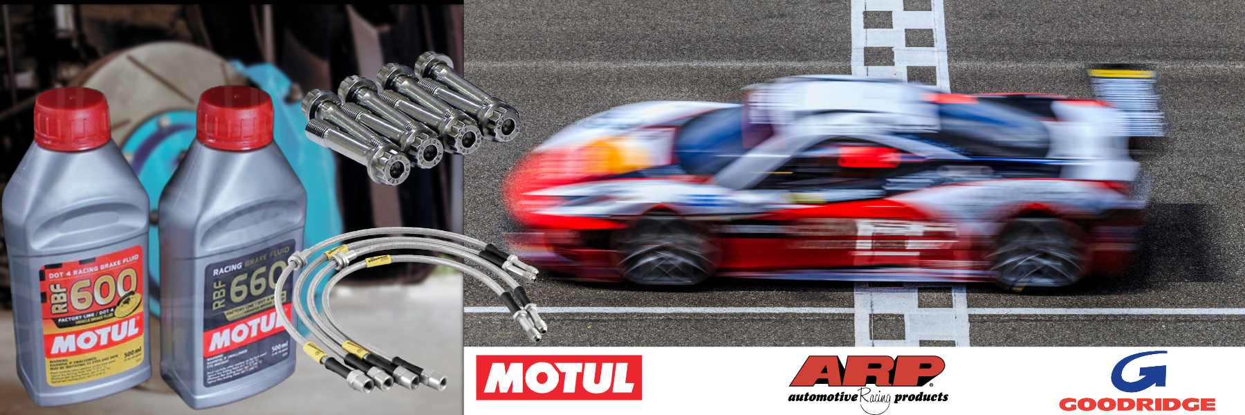 Motul oil bottles and ARP products with a race car on a track background