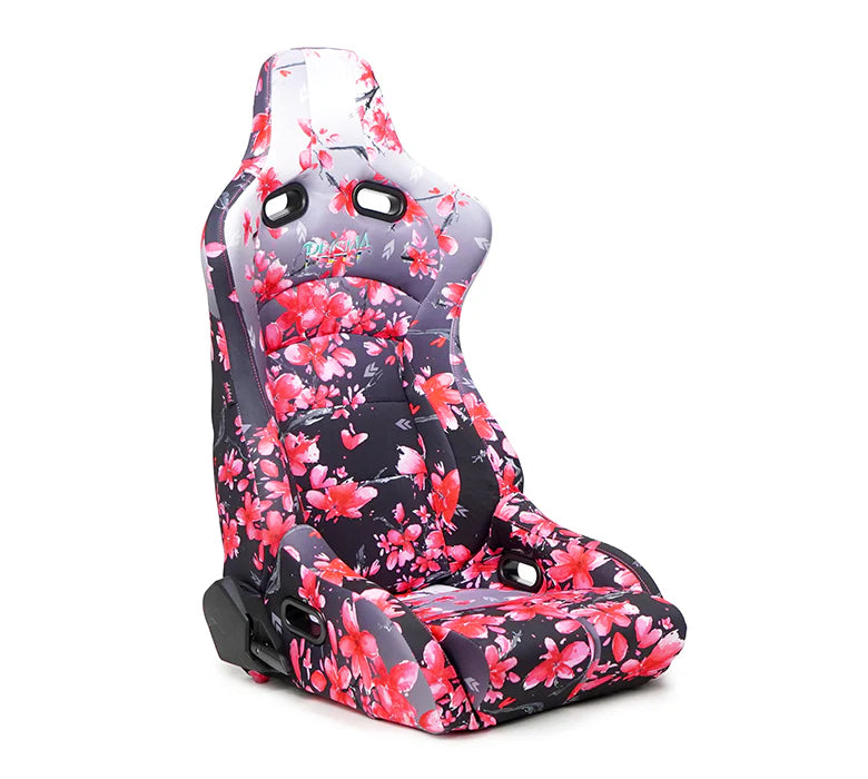 NRG Prisma Lab bucket seats with ergonomic bolstering and unique patterns Sakura
