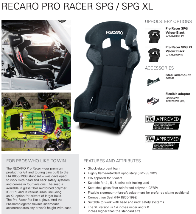 Recaro Pro Racer SPG Display Seat (Race Shell) - Black Velour w/Steel Side Mount & Black Base