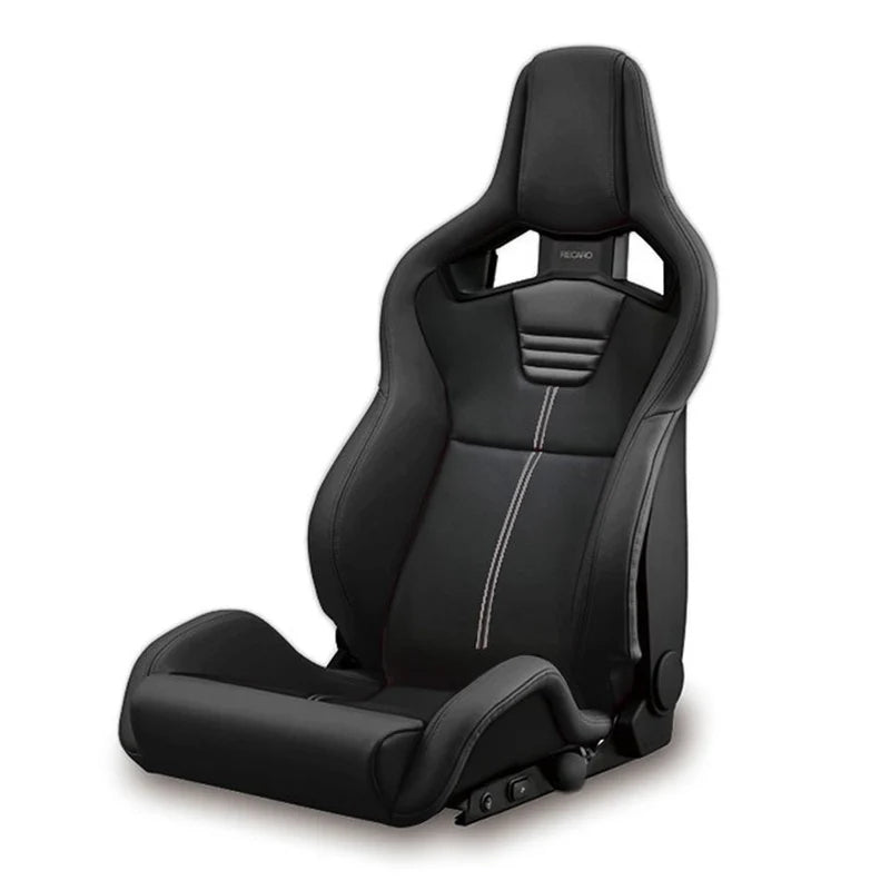 Black Recaro Sportster car seat with white stitching on a white background