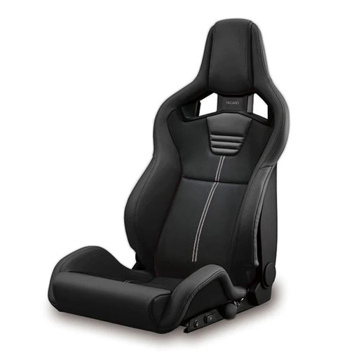 Black Recaro Sportster car seat with white stitching on a white background