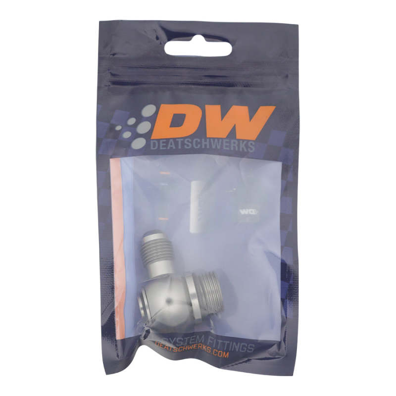 DeatschWerks 8AN ORB Male to 6AN Male Flare Low Profile 90-Degree Swivel - Anodized DW Titanium