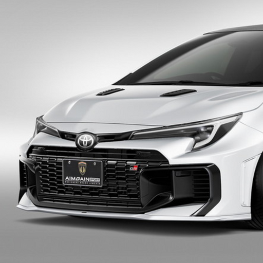 White GR Corolla car with a black grille and front bumper Aimgain body kit on a gray background pmddriven pmd vip website