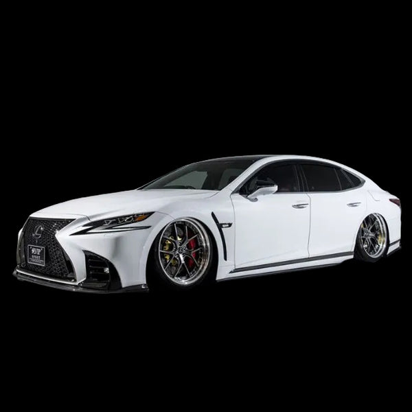 A white Lexus LS500/500h F-SPORT vehicle equipped with Aimgain VIP Sport aerodynamic parts, including a front bumper lip, side skirts, and rear diffuser, displayed against a studio background.
